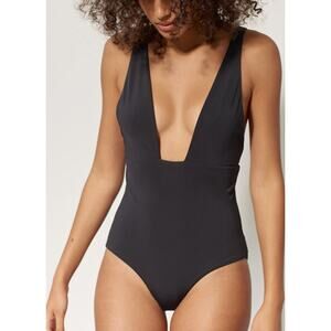 Mara Hoffman Audrey Black Plunge Neck One Piece Swimsuit Size Small
